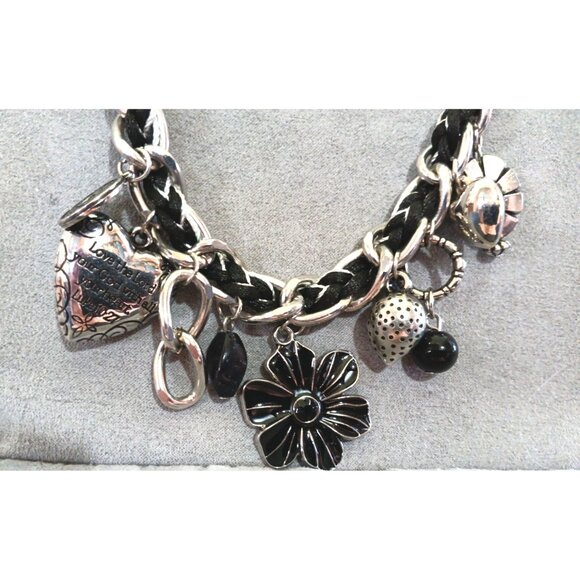 Chunky Silver-Tone & Black Charm Necklace With Braided Leather Chain & Assorted - Picture 4 of 4
